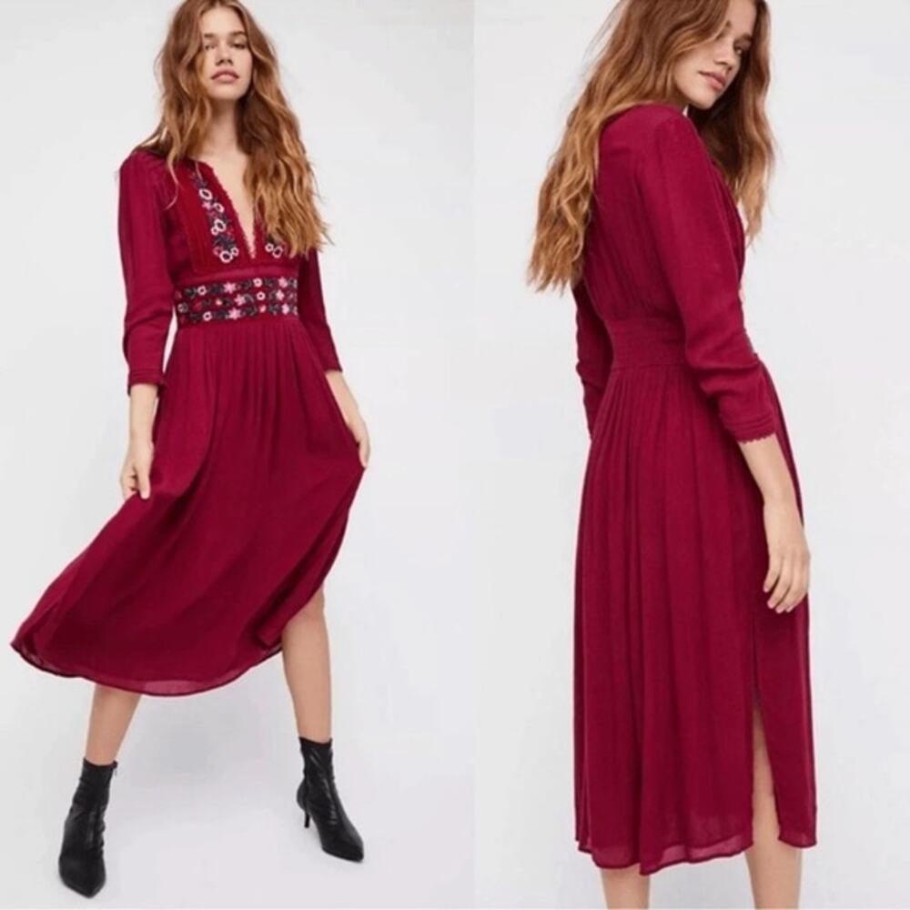 Free People Flora Embroidered Midi Dress Boho Velvet Magenta Berry